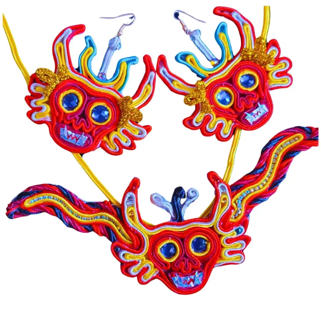 Juego de Collar y Aretes Soutache 'Máscara Diablada Original' (Rojo)