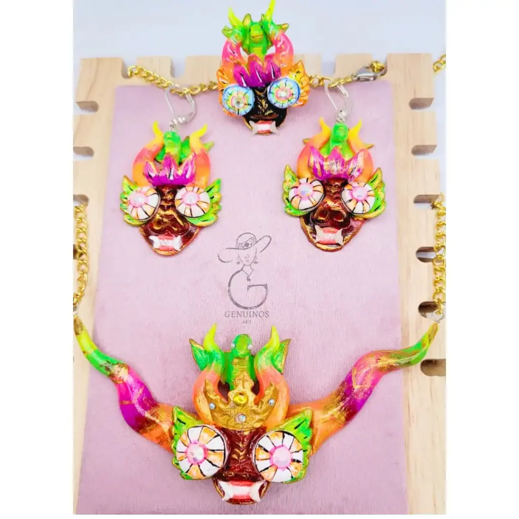 Set Completo 'Careta Diablada' 3D (Aretes, Collar y Anillo) (Rojo)