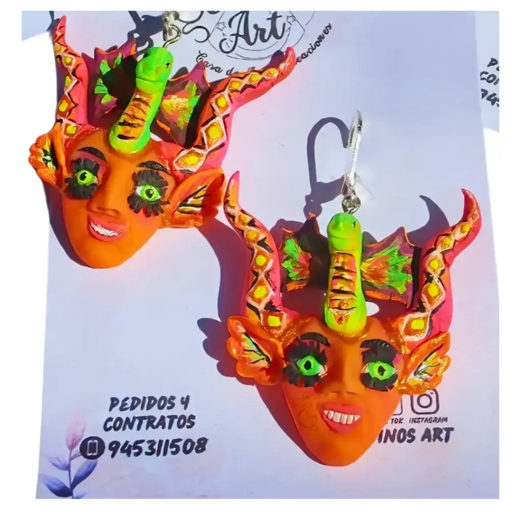 Aretes 'China Supay' 3D (Polimero de Micro-Modelado Pintada a Mano)