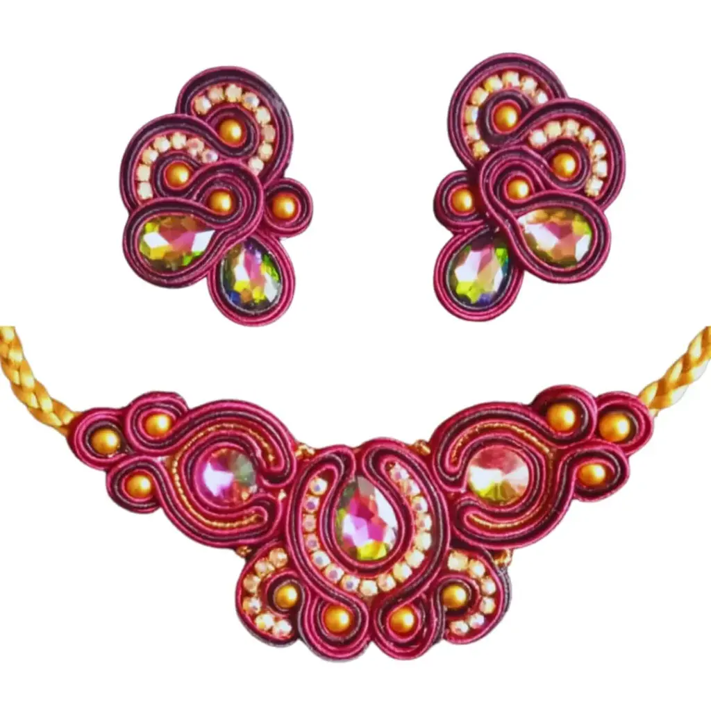 Juego Soutache 'Gala Borgoña' (Cristales Iridiscentes y Perlas)