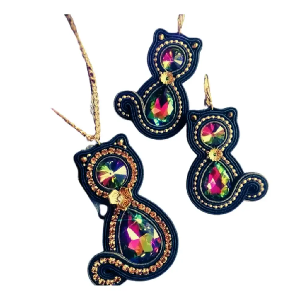 Juego Soutache 'Gato Iridiscente' (Silueta con Cristales)