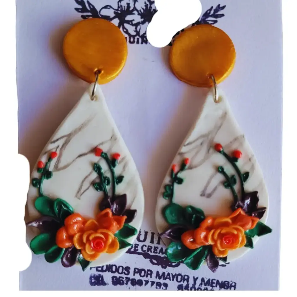 Aretes 'Flores sobre Mármol' (Flores 3D en Polimero de Micro-Modelado)