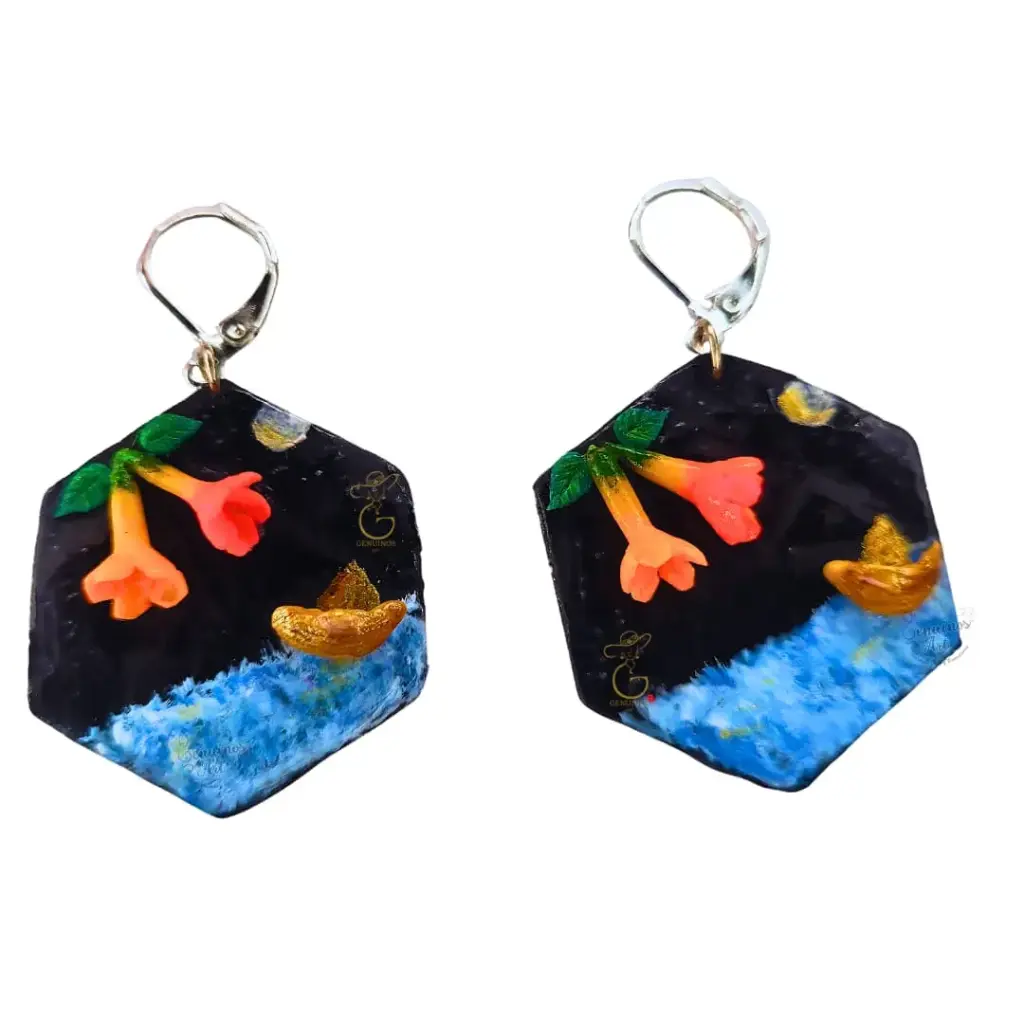 Aretes 'Noche en el Titicaca' (3D Cantuta y Balsa) en Polimero de Micro-Modelado