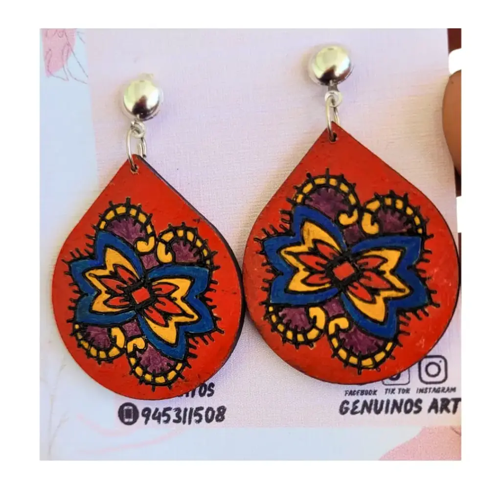 Aretes de Madera (MDF) 'Mandala Folklórico' (Pintados a Mano)