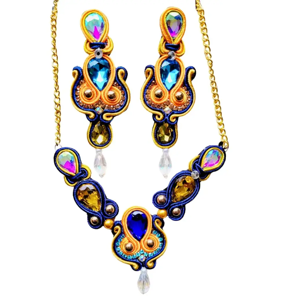 Juego Soutache 'Gala Zafiro' (Bordado en Pedrería y Gotas de Cristal)