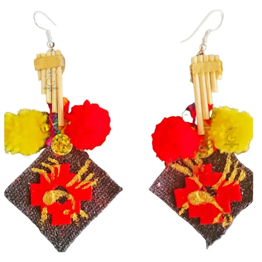 Aretes 'Sikuri Chakana' (Lliclla, Siku y Pompones)