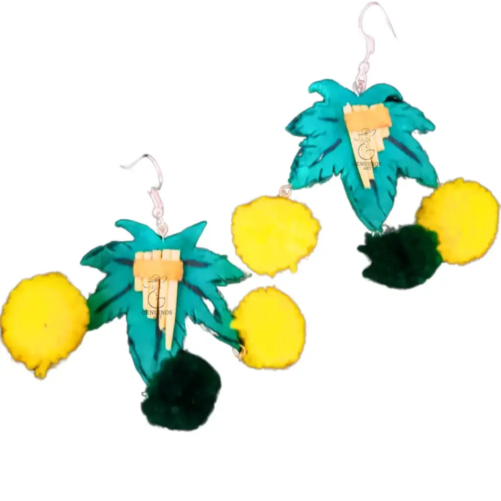 Aretes 'Hoja Sikuri' (MDF, Siku y Pompones)
