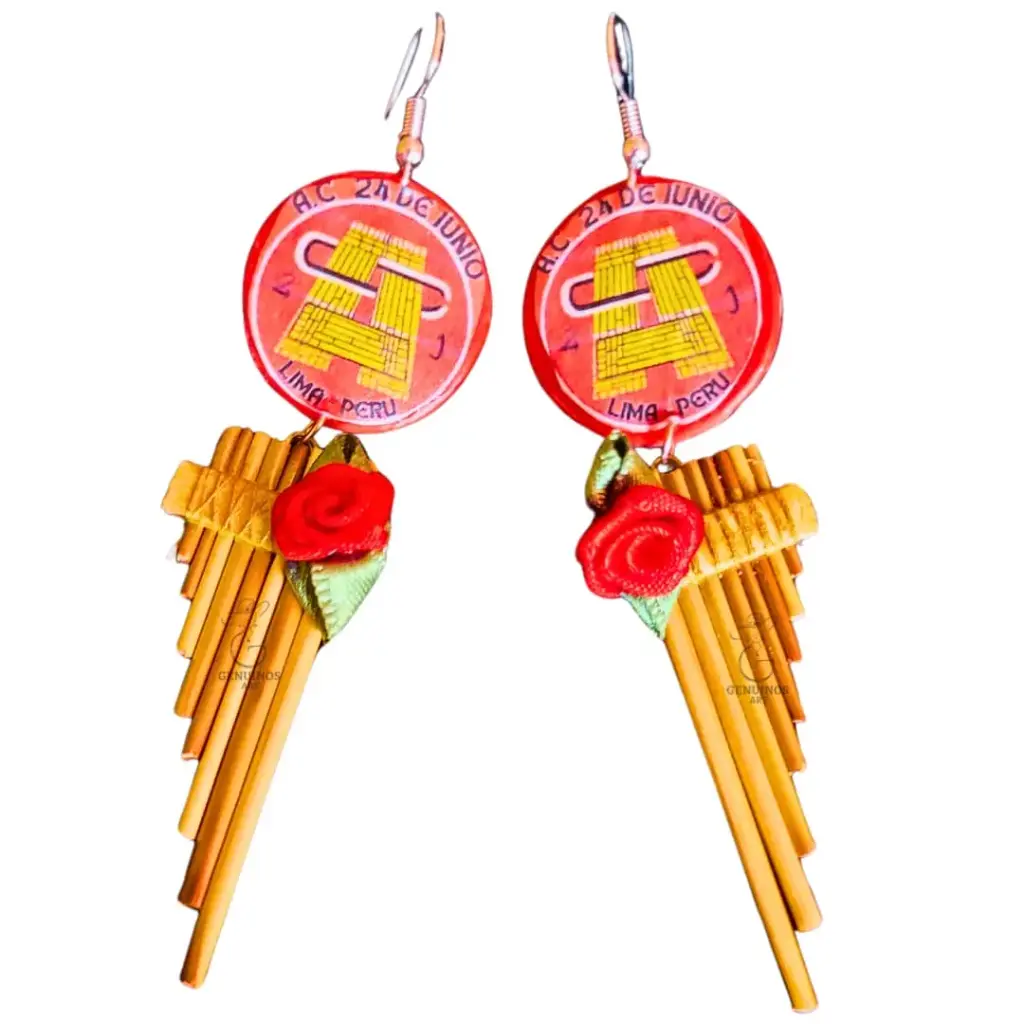 Aretes 'Sikuri de Gala' Personalizados (Logo, Siku y Rosa de Tela)