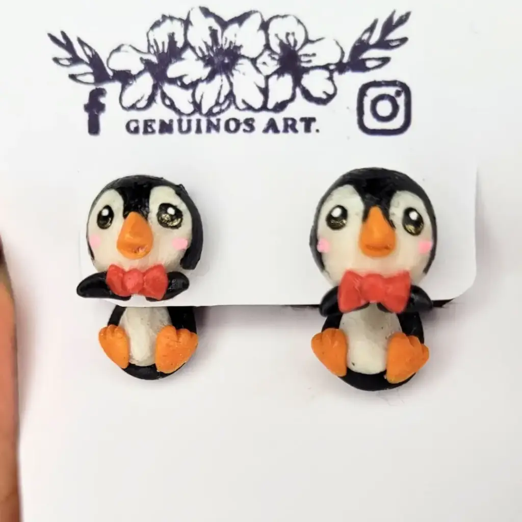 Aretes 'Pingüino 3D' (Polímero de Micro-modelado, Dos Piezas)