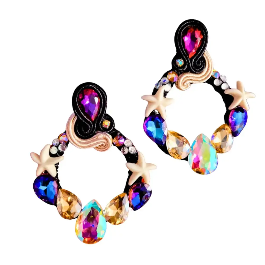 Aretes 'Tesoro Marino' (Fusión Soutache, Pedrería y Estrellas de Mar)