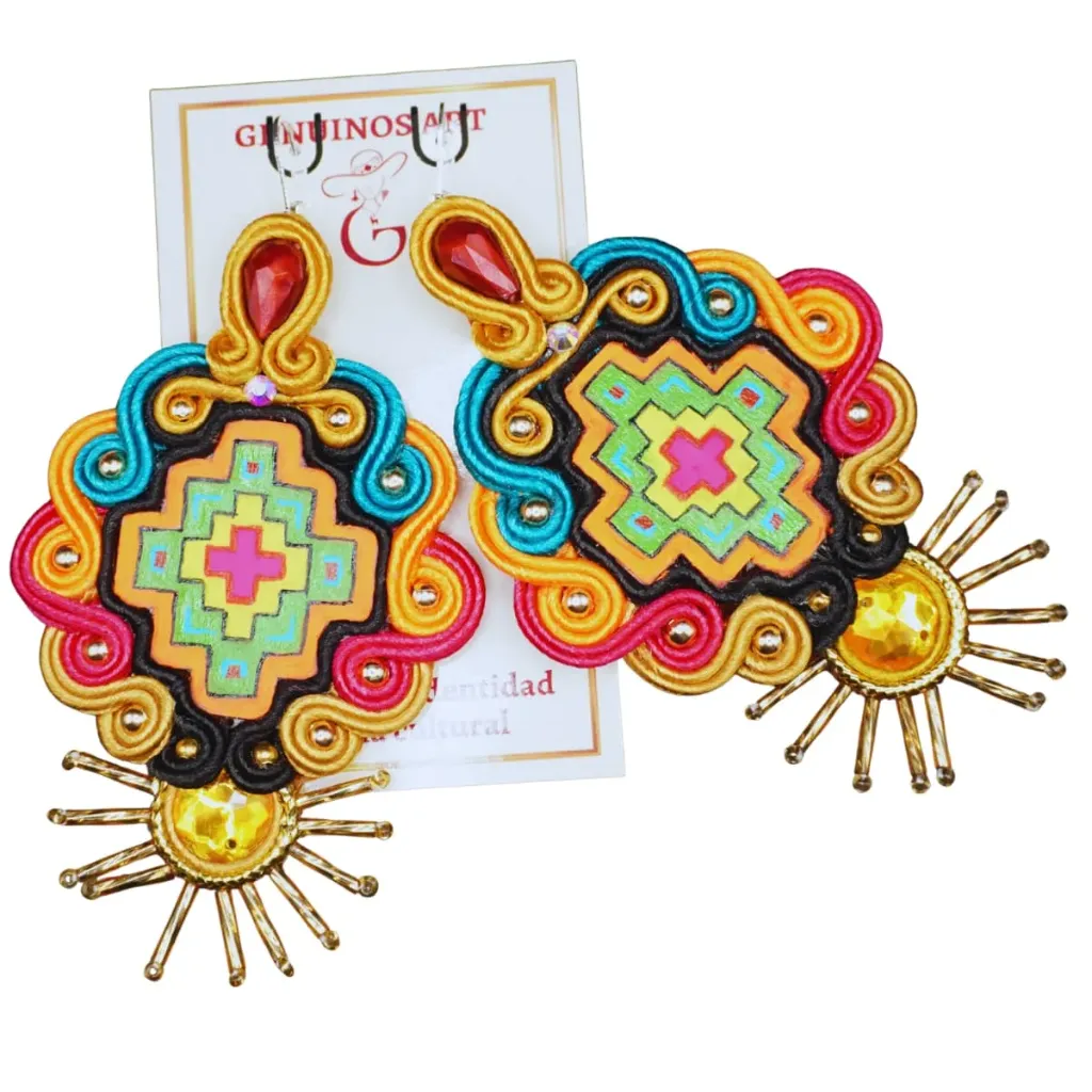Maxi Arete Artesanal Soutache - Diseño "Chakana" Multicolor con Cristales